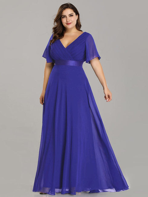 Elegant Plus Size V-Back Bridesmaid Dress with Short Sleeves