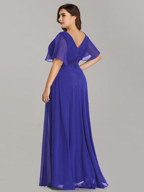 Elegant Plus Size V-Back Bridesmaid Dress with Short Sleeves