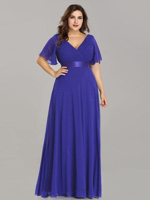 Elegant Plus Size V-Back Bridesmaid Dress with Short Sleeves