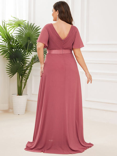Elegant Plus Size V-Back Bridesmaid Dress with Short Sleeves