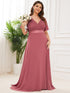 Elegant Plus Size V-Back Bridesmaid Dress with Short Sleeves