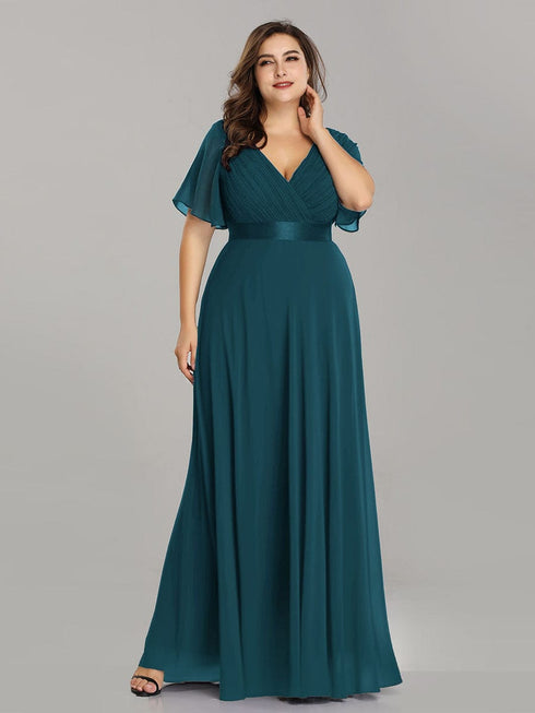 Elegant Plus Size V-Back Bridesmaid Dress with Short Sleeves