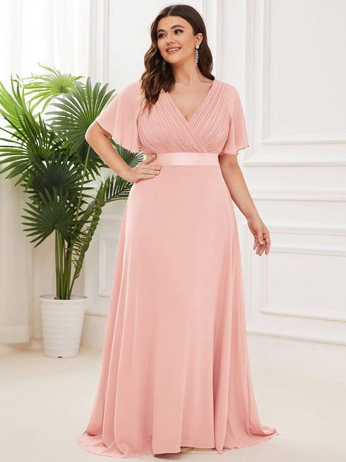 Elegant Plus Size V-Back Bridesmaid Dress with Short Sleeves