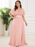 Elegant Plus Size V-Back Bridesmaid Dress with Short Sleeves