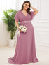 Elegant Plus Size V-Back Bridesmaid Dress with Short Sleeves