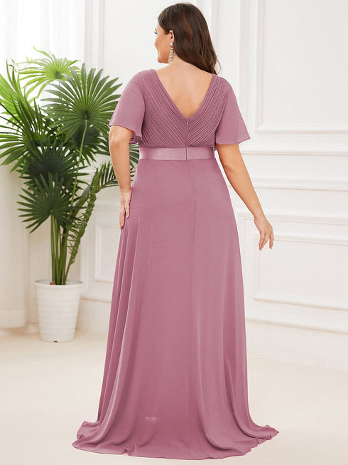 Elegant Plus Size V-Back Bridesmaid Dress with Short Sleeves
