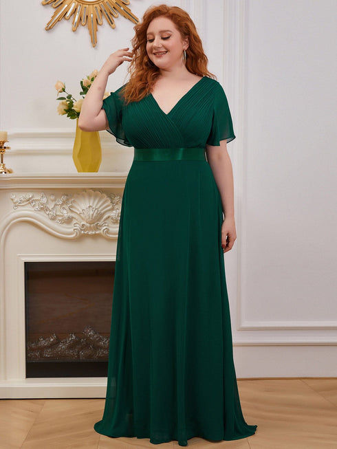Elegant Plus Size V-Back Bridesmaid Dress with Short Sleeves