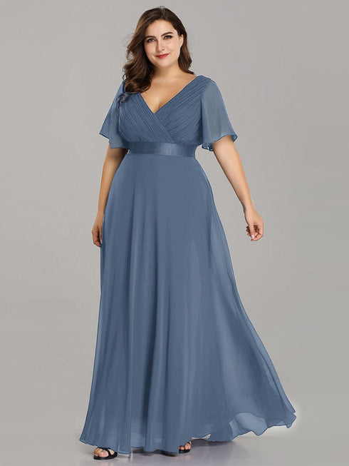 Elegant Plus Size V-Back Bridesmaid Dress with Short Sleeves