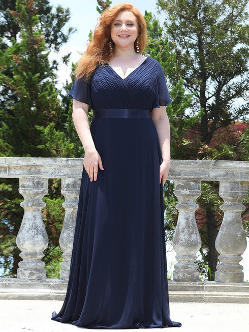 Elegant Plus Size V-Back Bridesmaid Dress with Short Sleeves