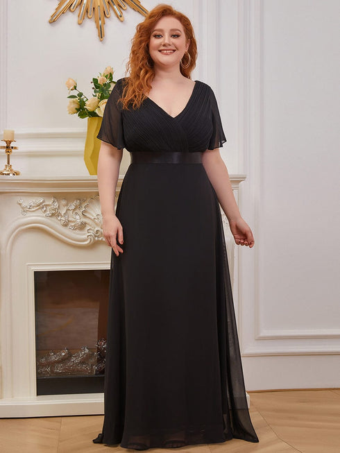 Elegant Plus Size V-Back Bridesmaid Dress with Short Sleeves