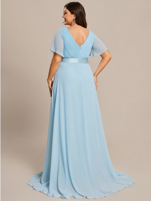 Elegant Plus Size V-Back Bridesmaid Dress with Short Sleeves
