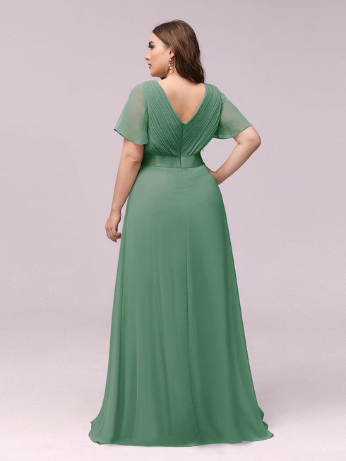 Elegant Plus Size V-Back Bridesmaid Dress with Short Sleeves