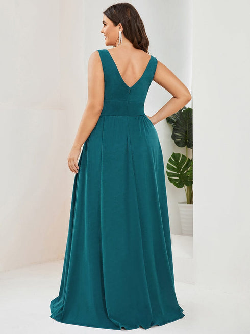 Elegant Plus Size V-Neck Empire Waist Evening Gown with High Slit