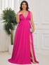 Elegant Plus Size V-Neck Empire Waist Evening Gown with High Slit