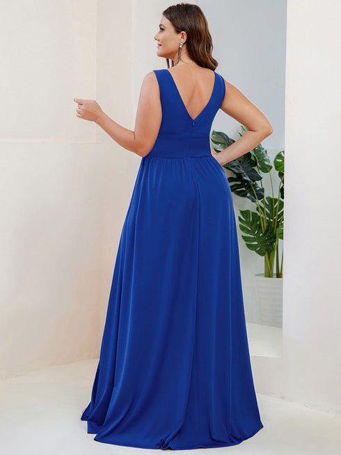 Elegant Plus Size V-Neck Empire Waist Evening Gown with High Slit