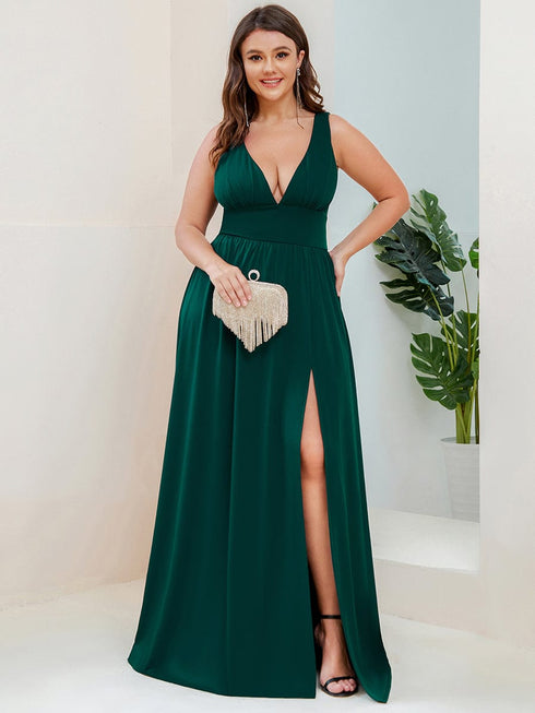 Elegant Plus Size V-Neck Empire Waist Evening Gown with High Slit