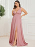 Elegant Plus Size V-Neck Empire Waist Evening Gown with High Slit