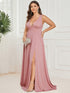 Elegant Plus Size V-Neck Empire Waist Evening Gown with High Slit
