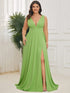 Elegant Plus Size V-Neck Empire Waist Evening Gown with High Slit