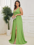 Elegant Plus Size V-Neck Empire Waist Evening Gown with High Slit