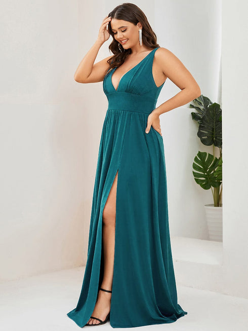 Elegant Plus Size V-Neck Empire Waist Evening Gown with High Slit