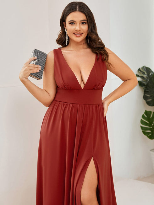Elegant Plus Size V-Neck Empire Waist Evening Gown with High Slit