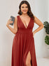Elegant Plus Size V-Neck Empire Waist Evening Gown with High Slit