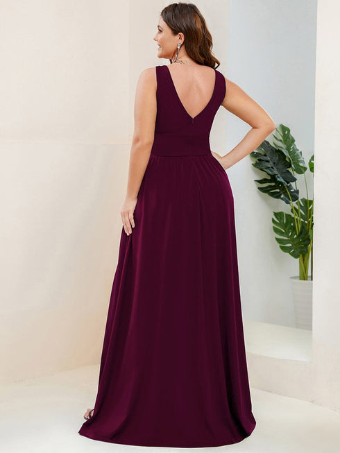 Elegant Plus Size V-Neck Empire Waist Evening Gown with High Slit