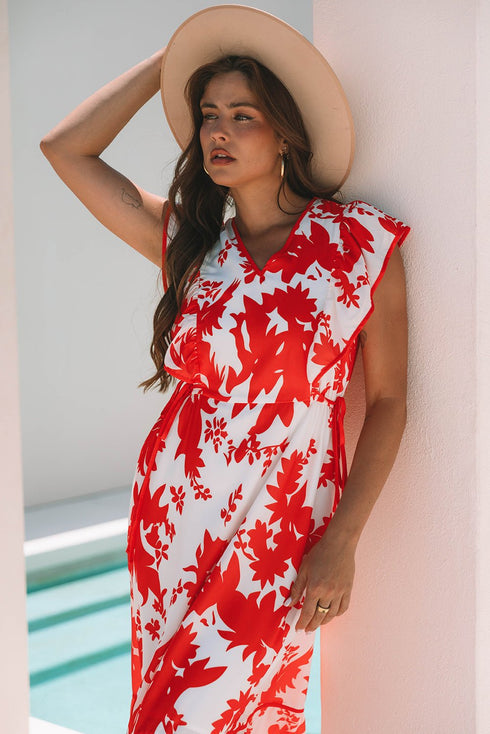 red floral long dress