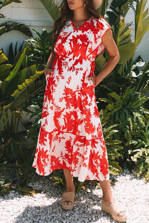 red floral long dress