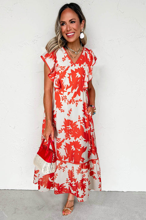 red floral long dress