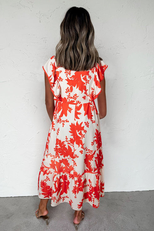 red floral long dress