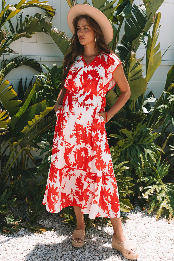 Women's Scarlet Floral Tiered Maxi Dress with Adjustable Waist