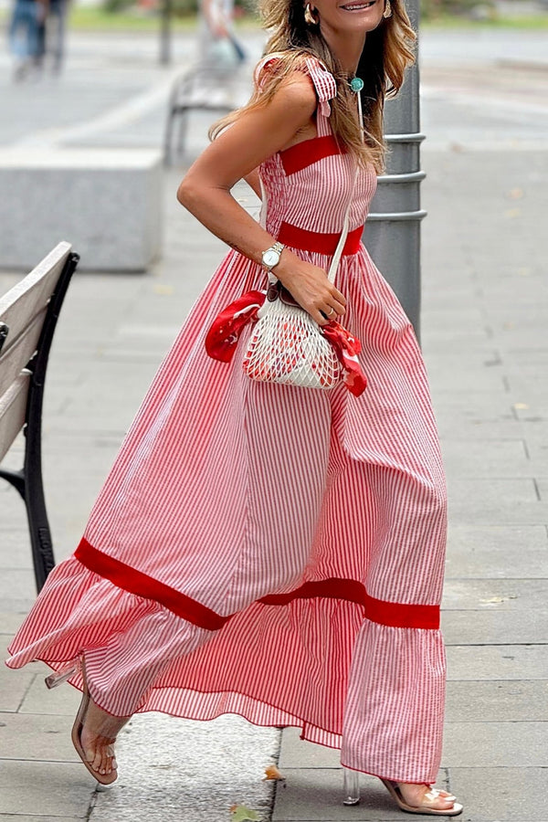 Elegant Red Striped Maxi Dress for Women with Bow Knot Straps, High Waist, Ruffled Hem – Perfect for Summer Fashion