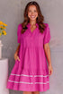 Elegant Rose Red Ric-Rac Puff Sleeve Shirt Dress