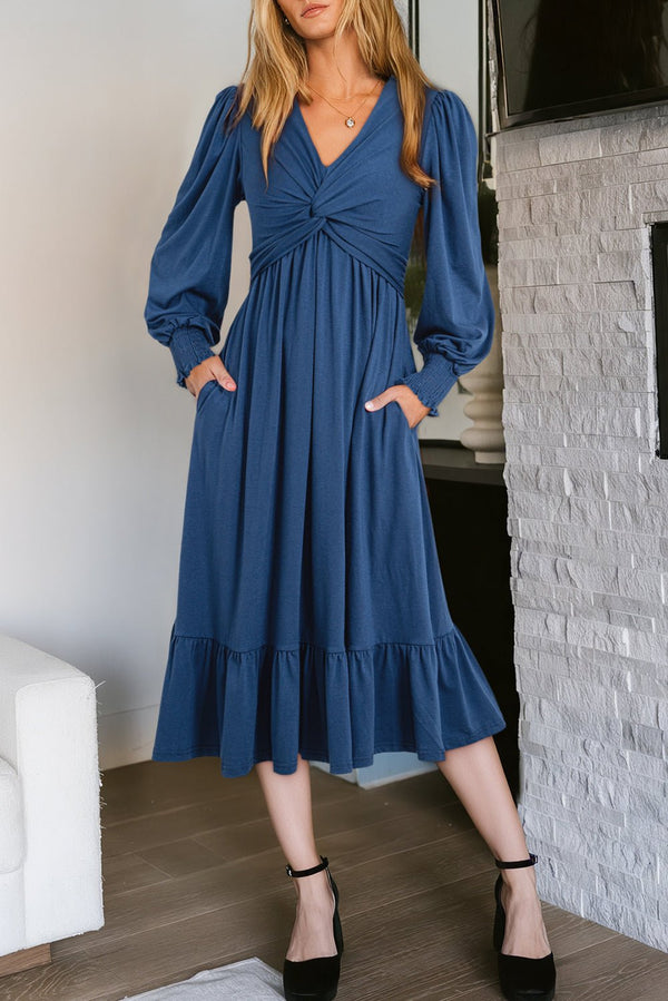 women's elegant sail blue ruffled dress for women with front twist and puff sleeves – perfect summer outfit for any occasion with practical styling