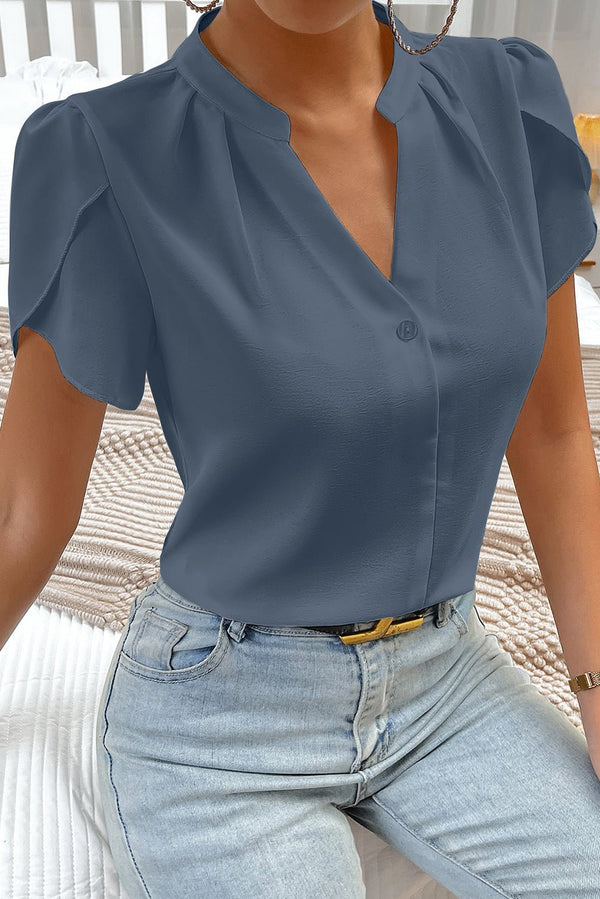 elegant sail blue silky blouse for women with notched neckline and petal sleeves - great for a variety of occasions with practical styling and