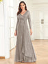 Elegant Sequin V Neck Long Sleeve Floor Length Party Maxi Dress