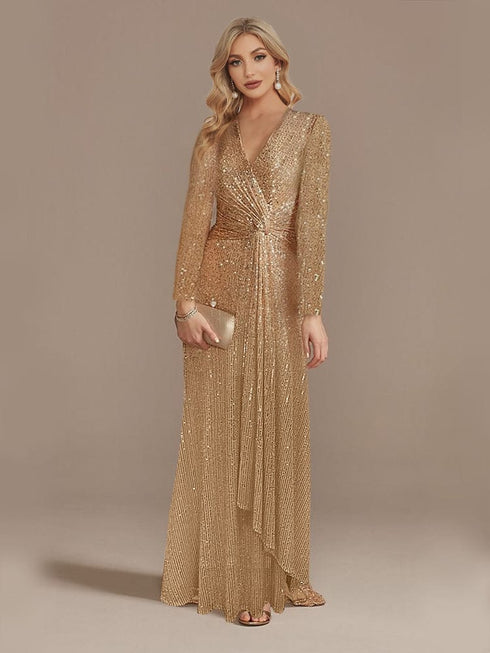 Elegant Sequin V Neck Long Sleeve Floor Length Party Maxi Dress