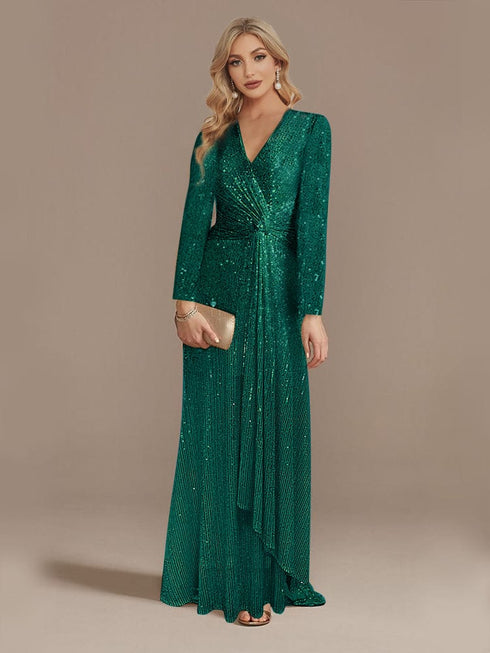 Elegant Sequin V Neck Long Sleeve Floor Length Party Maxi Dress
