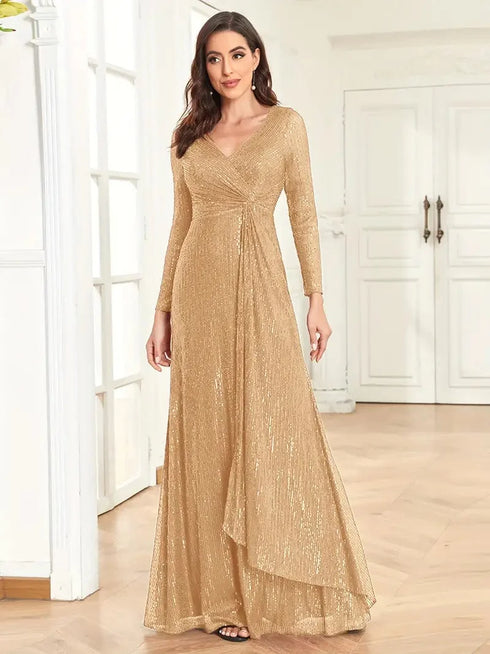 Elegant Sequin V Neck Long Sleeve Floor Length Party Maxi Dress