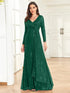 Elegant Sequin V Neck Long Sleeve Floor Length Party Maxi Dress