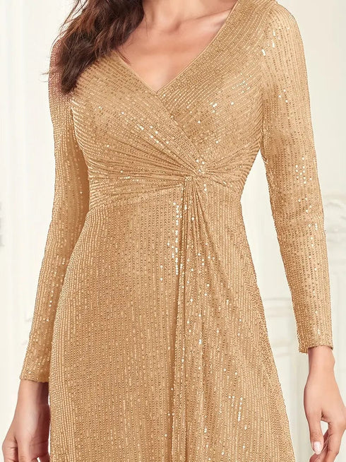 Elegant Sequin V Neck Long Sleeve Floor Length Party Maxi Dress