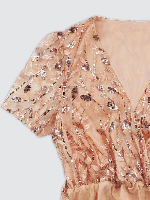 Elegant Sequined V-Neck Embroidered Midi Dress