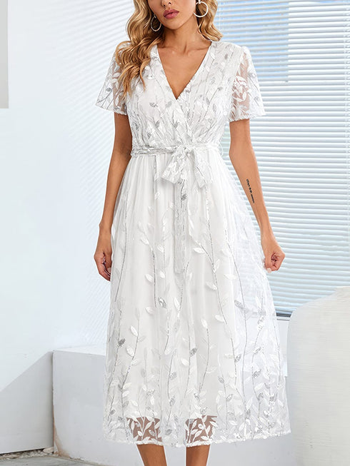 Elegant Sequined V-Neck Embroidered Midi Dress