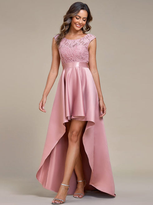 Elegant Sleeveless High Low Lace & Stain Evening Gowns