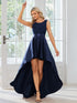Elegant Sleeveless High Low Lace & Stain Evening Gowns