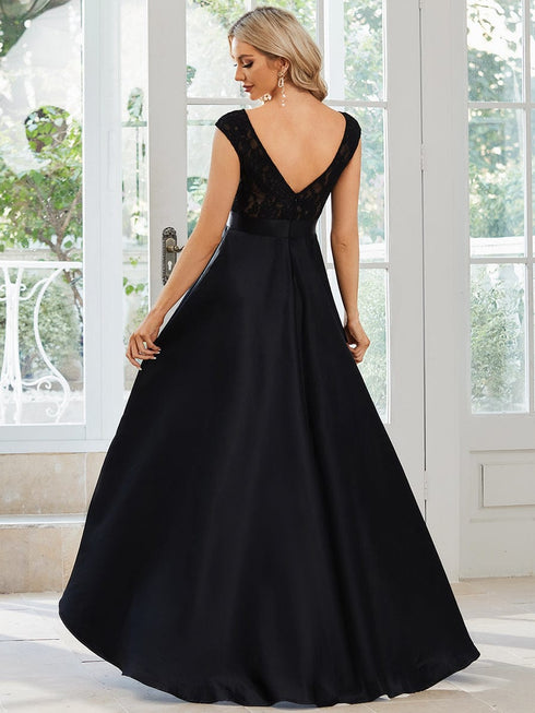 Elegant Sleeveless High Low Lace & Stain Evening Gowns