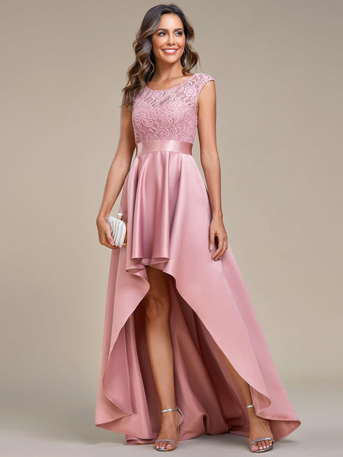 Elegant Sleeveless High Low Lace & Stain Evening Gowns