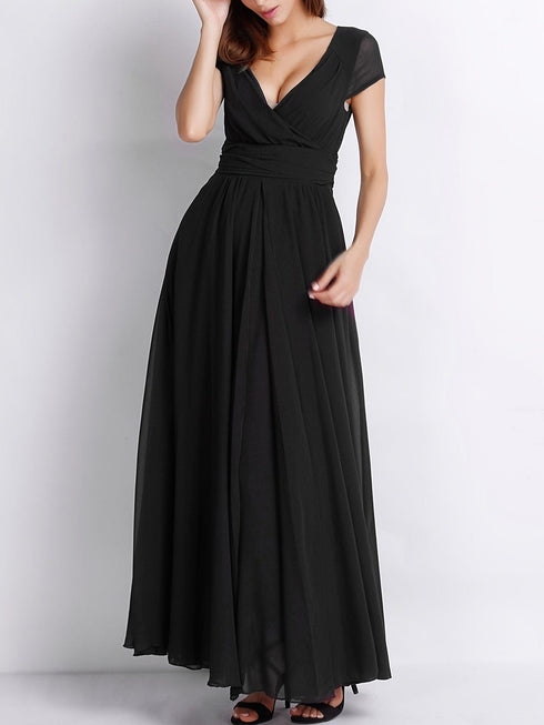 Elegant Solid Surplice Neck High Waist Short Sleeve Maxi Dress